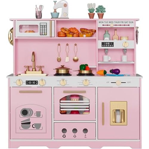Play Kitchen Set, Kids Kitchen Playset with 21 Fun Accessories, Toy Kitchen Set with Realistic Appliances, Smart Storage, Wooden Play Kitchen for Kids, Gift for Ages 3+ (Pink)