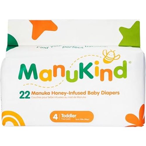ManuKind Baby Diapers, Manuka Honey Infused, Ultra Soft, Plant-Based Materials, Quick-Dry Comfort, Leak Guard Protection, Size 4 – 22 Diapers