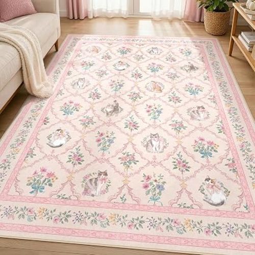 5x7 Pink Floral Cat Rug for Girls Bedroom, Washable Non Slip Area Rug for Nursery, Kids Room, Reading Nook, Dorm, Soft Low Pile Cute Vintage Carpet