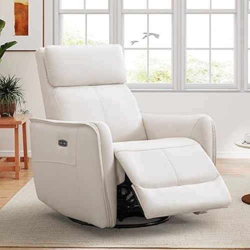 ANJ Swivel Recliner Chair, Glider Rocker Recliners for Nursery, Power Rocker Reclining Chair with USB Port, Upholstered Leathaire Electric Rocking Chairs for Living Room, Bedroom, Cream White