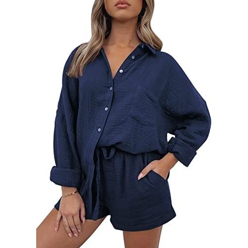 AUTOMET 2 Piece Sets For Women Lounge Wear Matching Two Piece Pajama Fashion Oversized Shirts And Shorts Spring Outfit 2026