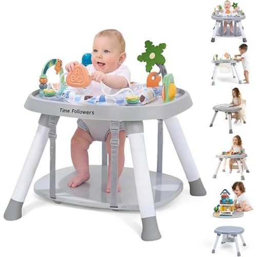 Time Followers® 6-in-1 Baby Activity Center | 4 Stage Montessori-Inspired Toys | Grow Stationary Standing Toddler Table | Jumpers & Bouncers | Must Have for Boy & Girl 6, 12, 24+ Month Old (Grey)