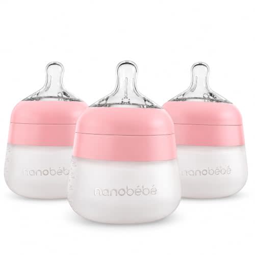 Nanobebe Flexy Silicone Baby Bottle, Anti-Colic, Natural Feel, Non-Collapsing Nipple, Non-Tip Stable Base, Easy to Clean 3-Pack, Pink, 5 oz