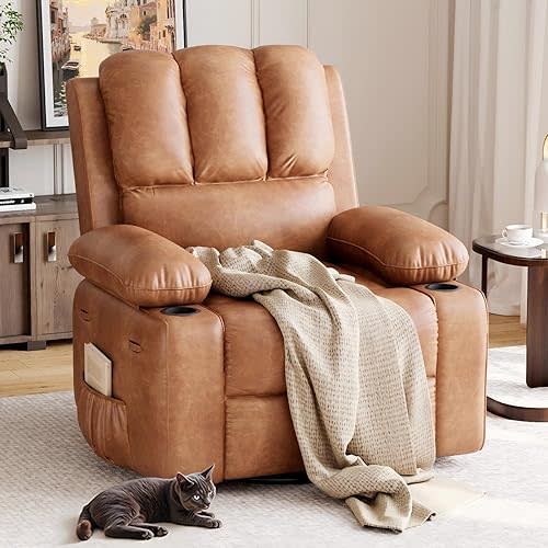 GarveeHome Recliner Chair, 360° Swivel Rocker Recliners with Heat & Massage, Soft Lazy Boy Recliner Chair with 2 Cup Holders and Side Pocket for Living Room Bedrooms and Nurseries -Retro Brown