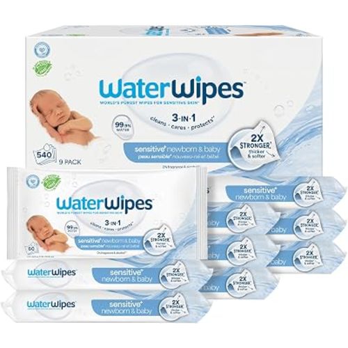 WaterWipes Sensitive+ Newborn & Baby Wipes, 3-In-1 Cleans, Cares, Protects, 99.9% Water, Unscented & Hypoallergenic, 540 Count (9 Packs)