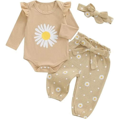 Kaipiclos Newborn Infant Girl Clothes Rib Knit Romper Daisy Print Pants Headband Baby Clothes for Girls 0 3 6 12 18 24 Months
