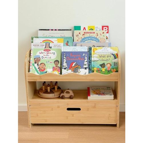 Bamboo Kids Bookshelf 3-Tier with Drawer, Scalloped Front Facing Montessori Book Shelf and Toy Storage for Toddler Kids Rooms, Baby Nursery, Classroom