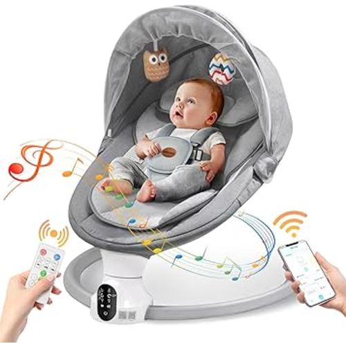 Baby Swings for Infants - Exclusive App & Bluetooth Function, Electric Baby Swing with 5 Point Harness & 5 Sway Speeds, 10 Preset Lullabies, Portable Infant Swing for Indoor/Outdoor (Light Gray)