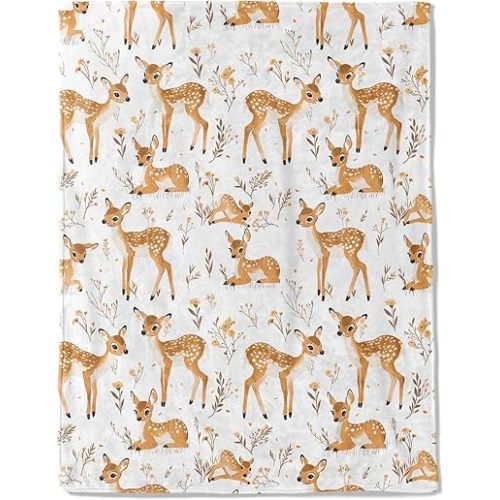 Cute Deer Fleece Blanket - Lightweight Soft Cozy Gifts Throw for Nature Lovers,Kids,Girls,Women,Sweet Animal & Floral White Blankets,Home Room Modern Art Decor 40x50in