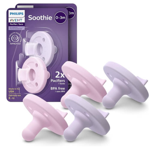 Philips Avent Soothie Orthodontic Baby Pacifiers, 100% Silicone Pacifiers, One Piece, BPA-Free, for Babies 0-3 Months, 2 Lilac and 2 Pink, 4 Pack, Model SCF190/70