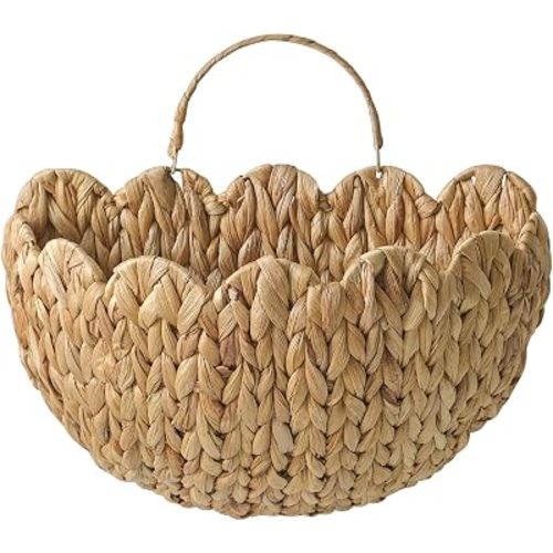 Scalloped Wicker Wall Basket, Water Hyacinth Hanging Basket with Handle