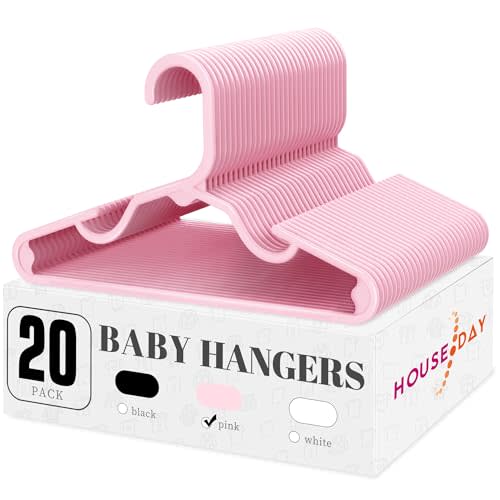 HOUSE DAY Plastic Baby Hangers for Closet 20 Pack, Durable Plastic Kids Hangers for Baby Clothes, Thin & Compact Childrens Hangers, Space Saving Pink Baby Hanger, Small Hanger for Kids Clothes | Small Baby Clothes Hangers for Newborn to Toddler | Non-S...
