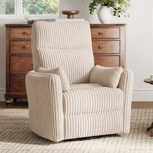 LINSY 220° Swivel Electric Power Recliner Chair, Corduroy Nursing Rocker with USB & Type-C, High Back Adult Comfort Chair with 2 Pillows, for Nursery, Bedrooms, Living Room, Beige