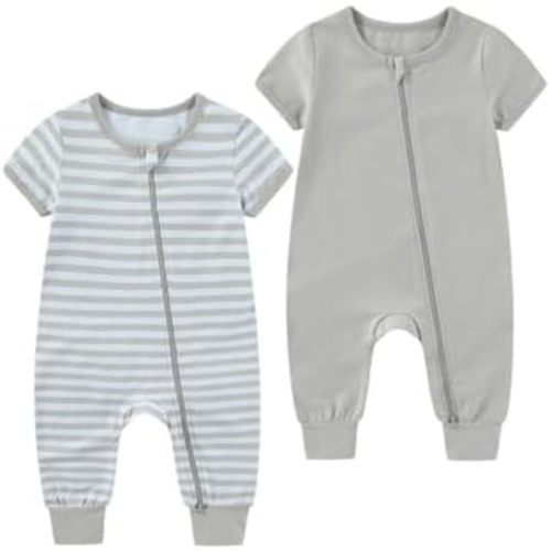 2 Pack Unisex Baby Short Sleeve Rompers 2 Way Zipper New Born One-Piece Jumpsuits 0-24Months Infant Outfits