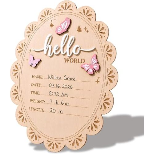 Baby Announcement Sign, Hello World Newborn Sign for Hospital, She’s Here Baby Sign, Newborn Photography Props Double-Sided (HW6)