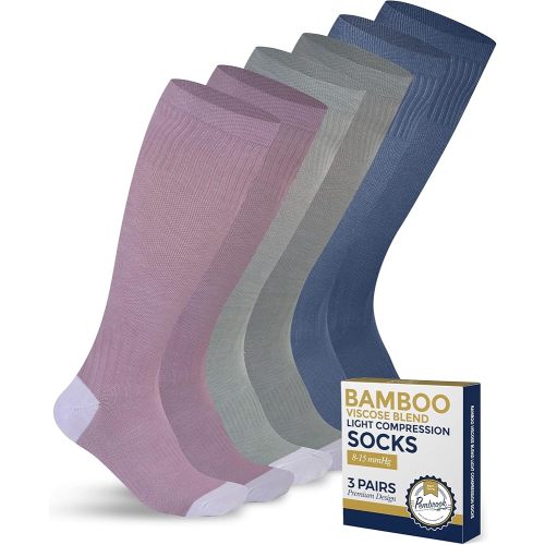 Pembrook Bamboo Viscose Light Compression Socks - 3 Pairs | 8-15 mmhg Compression Socks | Knee High Comfort Support Socks