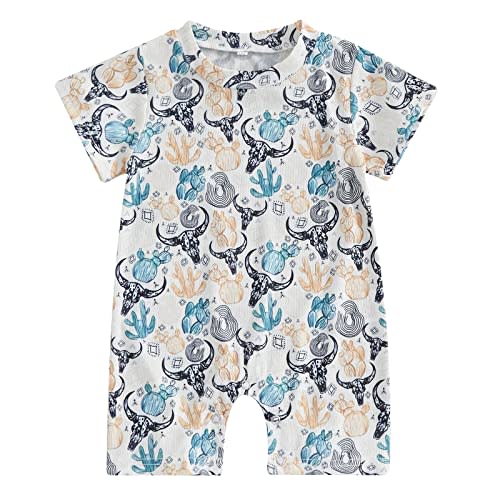 Gueuusu Country Baby Clothes Boy Girl Western Cow Print Short Sleeve Romper Bodysuit Ribbed One Piece Jumpsuit Summer Outfit