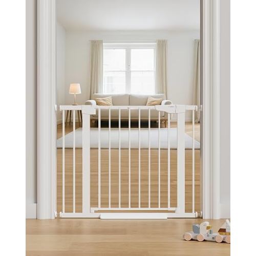 Cumbor 29.7-40.6" Baby Gate for Stairs, Mom's Choice Awards Winner-Dog Gate for Doorways, Pressure Mounted Auto-Close Pet Gates for Dogs Indoor, Safety Child Gate with Easy Walk Thru Door, White