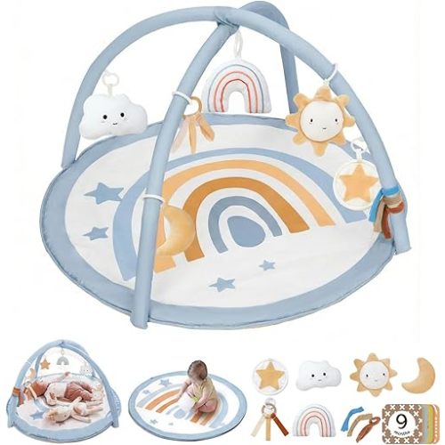 Little Dove Baby Play Gym Mat, Tummy Time Activity Mat with 7 Detachable Toys and 12 Milestone Cards for Stage-Based Sensory and Motor Skill Development, Washable Play Mats for Infant, Blue