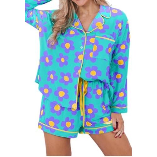 KevaMolly Womens Lounge Sets Flower Print Long Sleeve Shirt Shorts Pajamas Set Long Sleeve Top and Shorts