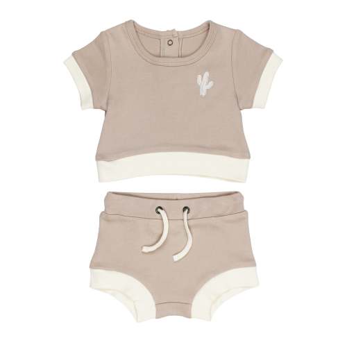 Organic Embroidered Tee & Shortie Set in Oatmeal Cactus
