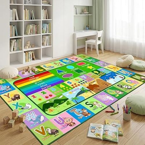 Alphabet Carpet - 5x7 Ft Alphabet Number ABC Rugs for Kids Playroom, Classroom, Nursery - Non-Slip, Washable Floor Mat with Animals, Seasons, Colors, Fruits Design, Green