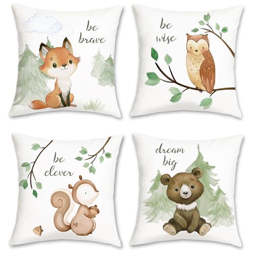 Bonhause Forest Animals Throw Pillow Covers 18 x 18 Inch Fox Bear Squirrel Owl Kids Pillows Case for Sofa School Home Decor Set of 4