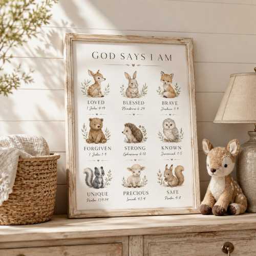 God Says I Am Nursery Print, Christian Nursery Wall Art, Bible Verse Baby Room Decor, Woodland Animal Scripture Poster
