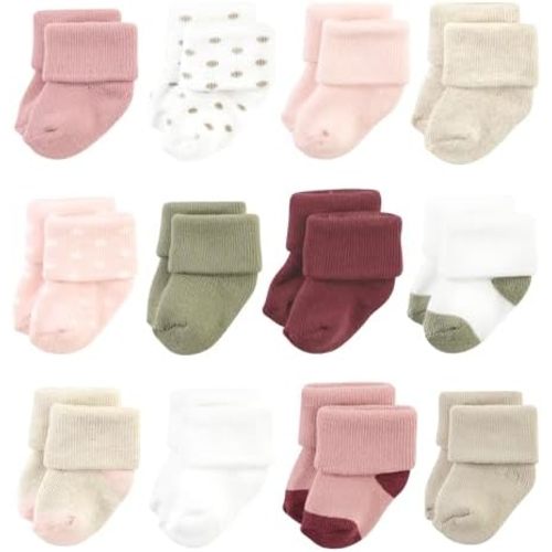 Hudson Baby Unisex Baby Cotton Rich Newborn and Terry Socks, Mauve Sage Dot, 6-12 Months