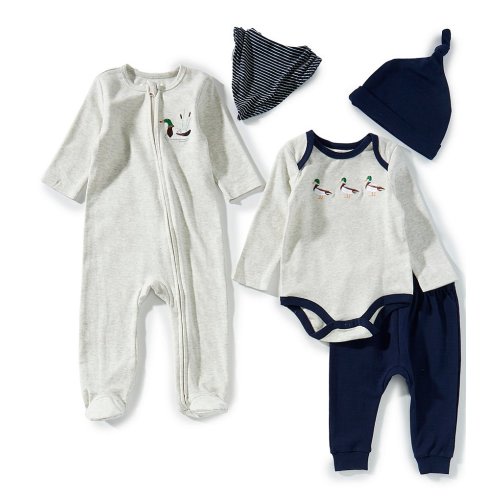 Adventurewear 360 Baby Boys Long Sleeve Duck Bodysuit, Coverall, Pants, Bib, Hat, Socks 6-Piece Set