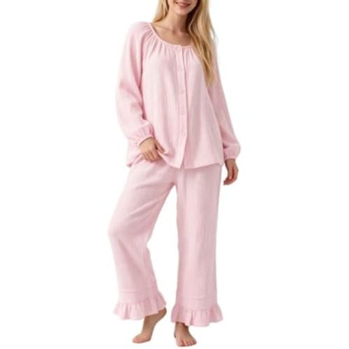 codcm Women's Cotton Gauze Pajama Set Long Sleeve Ruffle Pants Sleepwear
