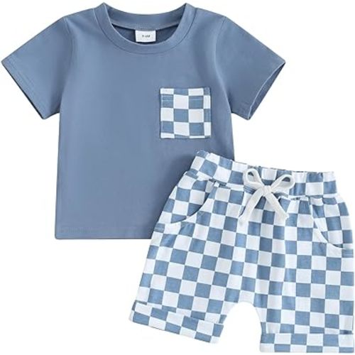 Karuedoo Baby Boy Girl Summer Outfits Checkered Plaid Short Sleeve T-Shirt Top Shorts Set Trendy Toddler Checkerboard Outfit