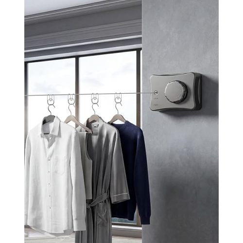 17.7 Ft Retractable Clothesline, Non-Sagging Wall Mounted Laundry Line with 10Pcs Clothespins, Heavy Duty Auto Retracted Indoor Outdoor Clothes Line for Bathroom Balcony Apartment RV Travel, 44LB MAX