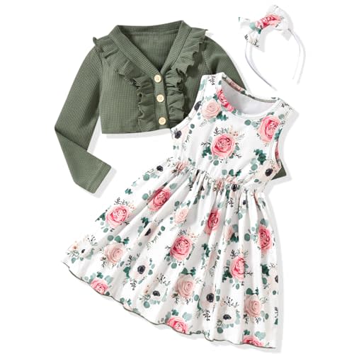 HINTINA Toddler Little Girls Dress And Cardigan Sets 2 Piece Floral Print Sleeveless Dress and Long Sleeve Cardigan Set