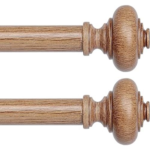 2 Pack Wood Curtain Rods for Windows 30 to 56 Inch, Boho Vintage Decorative 1 Inch Diameter Wooden Curtain Rod, Adjustable Heavy Duty Rustic Farmhouse Drapery Pole with Wood Grain Finials
