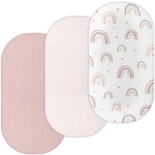 Muslin Bassinet Sheets for Maxi Cosi Iora, Delta Children, Graco, Munchkin Brica, 4moms MamaRoo, Chicco LullaGlide by TansyPanda, 3PC, 18x30 in, Ultra Soft, Breathable, Snug Fit, Girls, Pink Rainbow