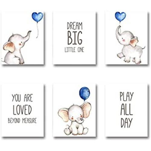 Set of 6 Unframed Baby Boy Wall Art Prints, Blue Elephant Wall Decor with Balloons for Boy's Room (8" x 10")