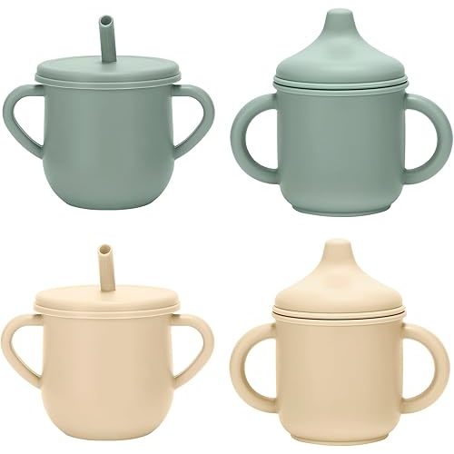Silicone Toddler Cups Set, 2 Straw Cups and 2 Sippy Cups for 6+ Months Baby, Leakproof Spillproof Training Cups with Handles, Easy Clean (Green+Beige)