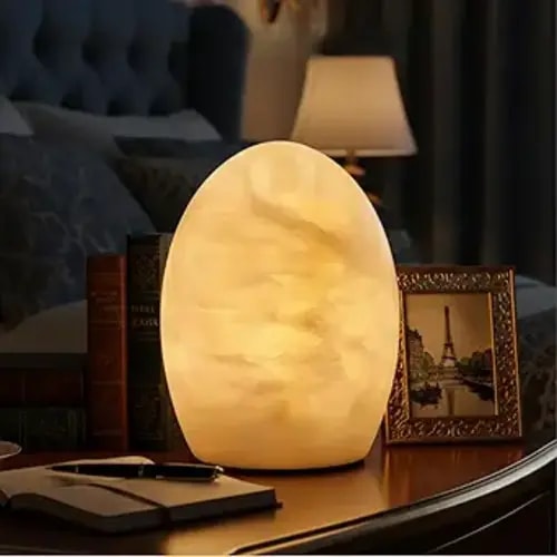 Marble Jade Touch Table Lamp Easter Egg Desk Bedside Cordless Lamps for Living Room Night Stands USB-C 3-Level Brightness, LED Night Light for Office Patio Camping Restaurant Home (Peach Jade)