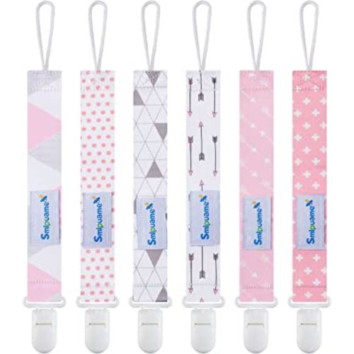 Smlpuame Pacifier Clip Girl,6 Pack Stylish Binky Clips Strap for Baby Girls,Paci Holder with Clip Lightweight Universal Fits Most Pacifiers Teether Toy Teething Ring Soothie,Baby Gifts(Pink & Grey)