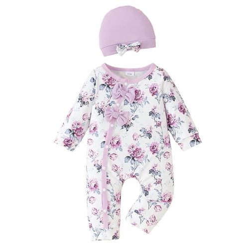 Mioglrie Newborn Baby Girl Clothes Long Sleeve Romper Infant Fall Winter Outfits Floral Hat Jumpsuit Preemie Girl Clothes