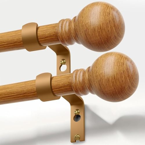 Boho Wooden Curtain Rods for Windows 48-84 inch Adjustable Iron