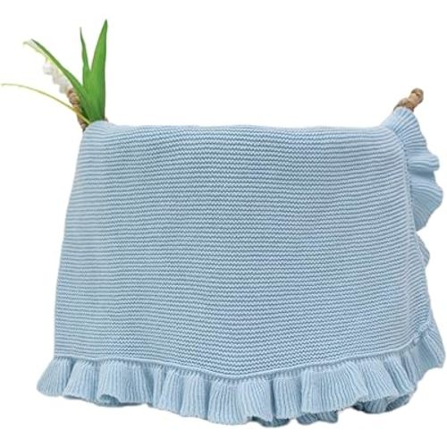 Cotton Baby Blanket with Ruffle Edge Soft Breathable Newborn Blanket for Boys & Girls, Lightweight Knit Throw for Crib, Stroller & Nursery Multiple Colors Available Blue 28x36