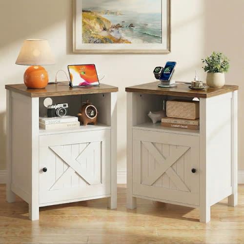 Marsail Farmhouse Nightstand, Wood Bedside Table with Charging Station, Night Stand with Shelf and Doors, End Table with Storage Side Table for Bedroom, White & Brown (1 Pack)