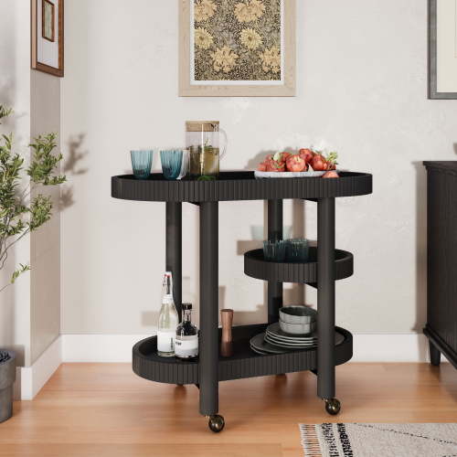 Free Shipping! Beautiful Drew Bar Cart Black, Wooden Serving Cart with 3 Shelves and Rolling Caster Wheels