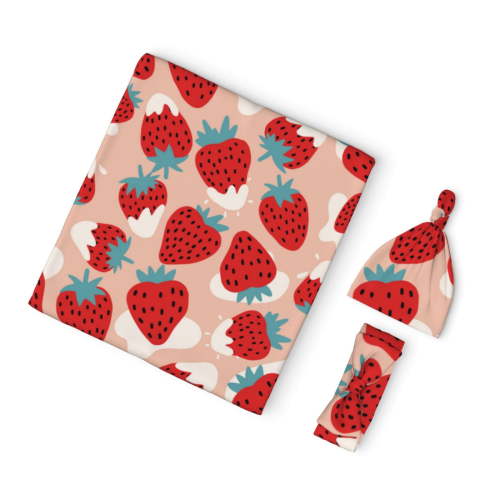 Rocae Red Strawberry for Newborn Swaddle Set with Matching Beanie Hat and Headband Bow Baby Blanket Set Soft and Cozy Baby Swaddle Nursery Hat