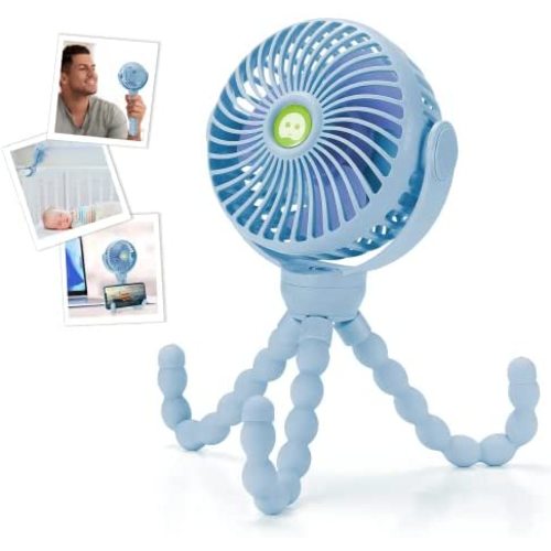 Snawowo Upgraded 4000mAh Baby Stroller Fan, 360°Rotation Mini Portable Fan with Flexible Tripod Clip On Stroller Treadmill Bike Crib Car Seat, USB or Battery Powered Handheld Personal Fan (Light Blue)