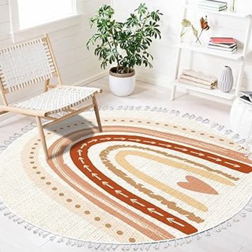 DNEWYNPABV Round Rugs Scandinavian Nursery Print for Playroom with Neutral Boho Area Rug Linen and Cotton Carpet Meditation Rug Washable Hallway Runner Mat Accent Rug for Bedroom Bathroom 4ft