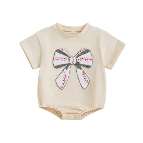 Newborn Summer Outfit Baby Girl Baseball Bow Embroidery Bubble Romper Short Sleeve One Piece Bodysuit
