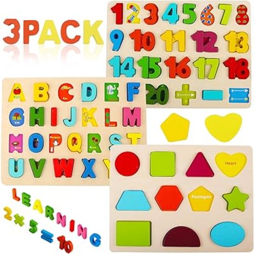 Wooden Puzzles for Toddlers, Voamuw Alphabet Number Shape Learning Puzzle for Kids Ages 3 4 5, Montessori Toys Preschool Education Chunky Jigsaw for Boys and Girls